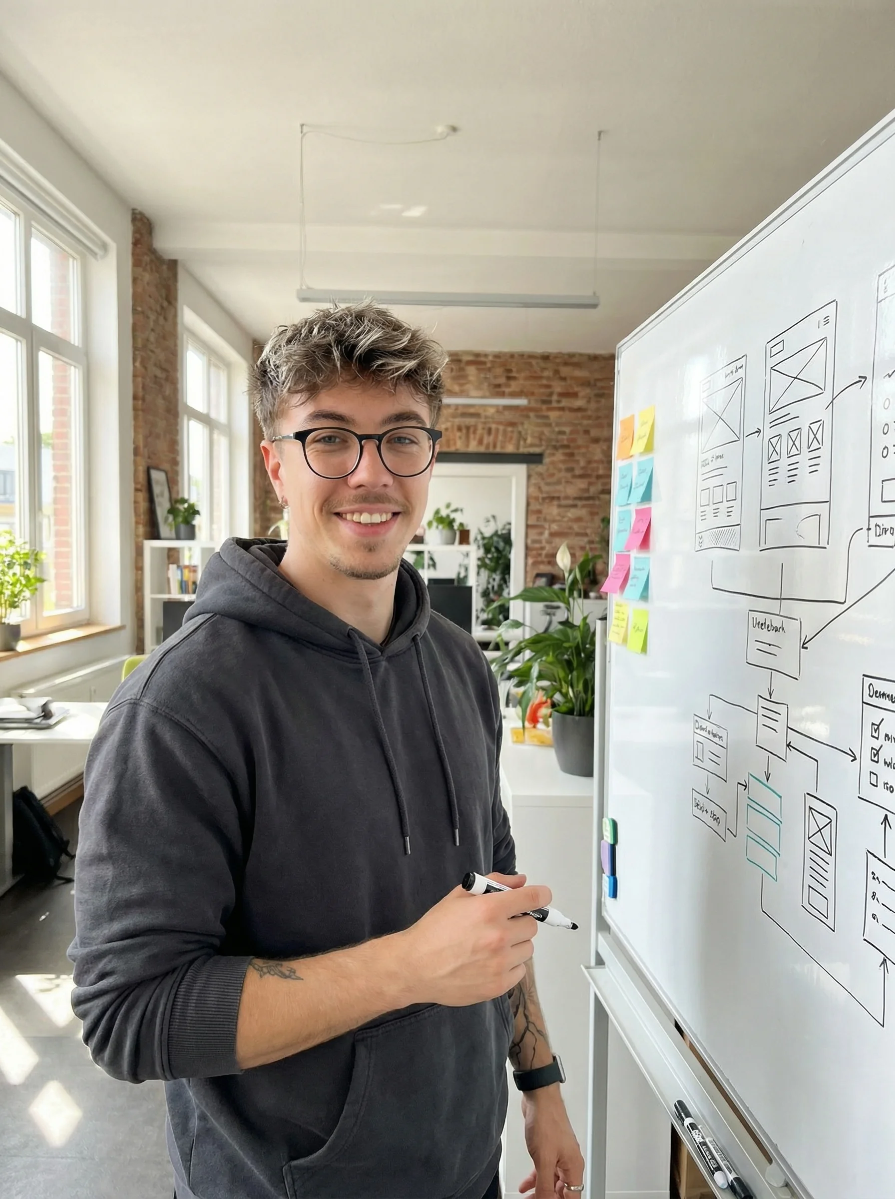 Yannis beim Brainstorming am Whiteboard